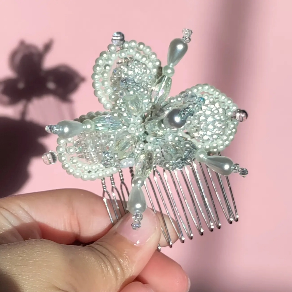 Handmade Haircomb. White czech pearl beads with Preciosa AB crystals.